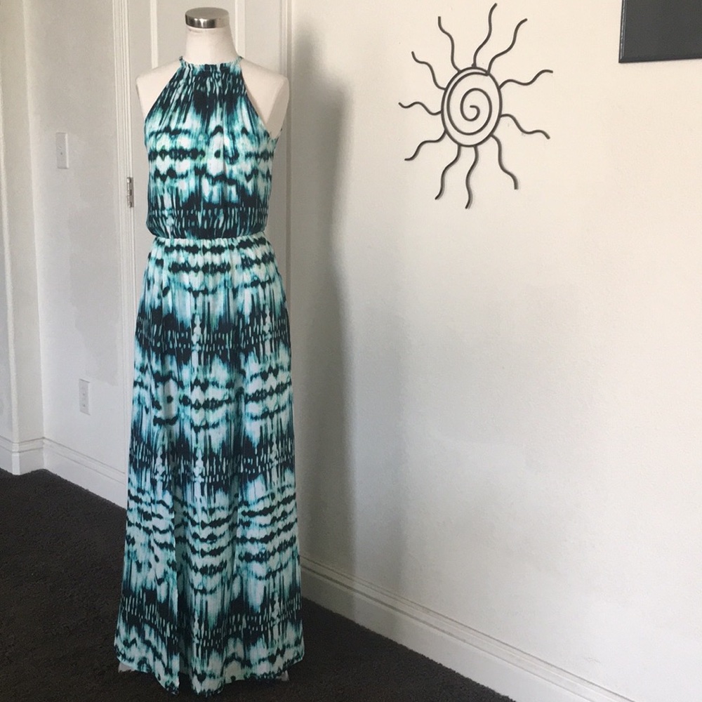 Decree Blue Grn Wht Watercolors Halter Maxi Dress